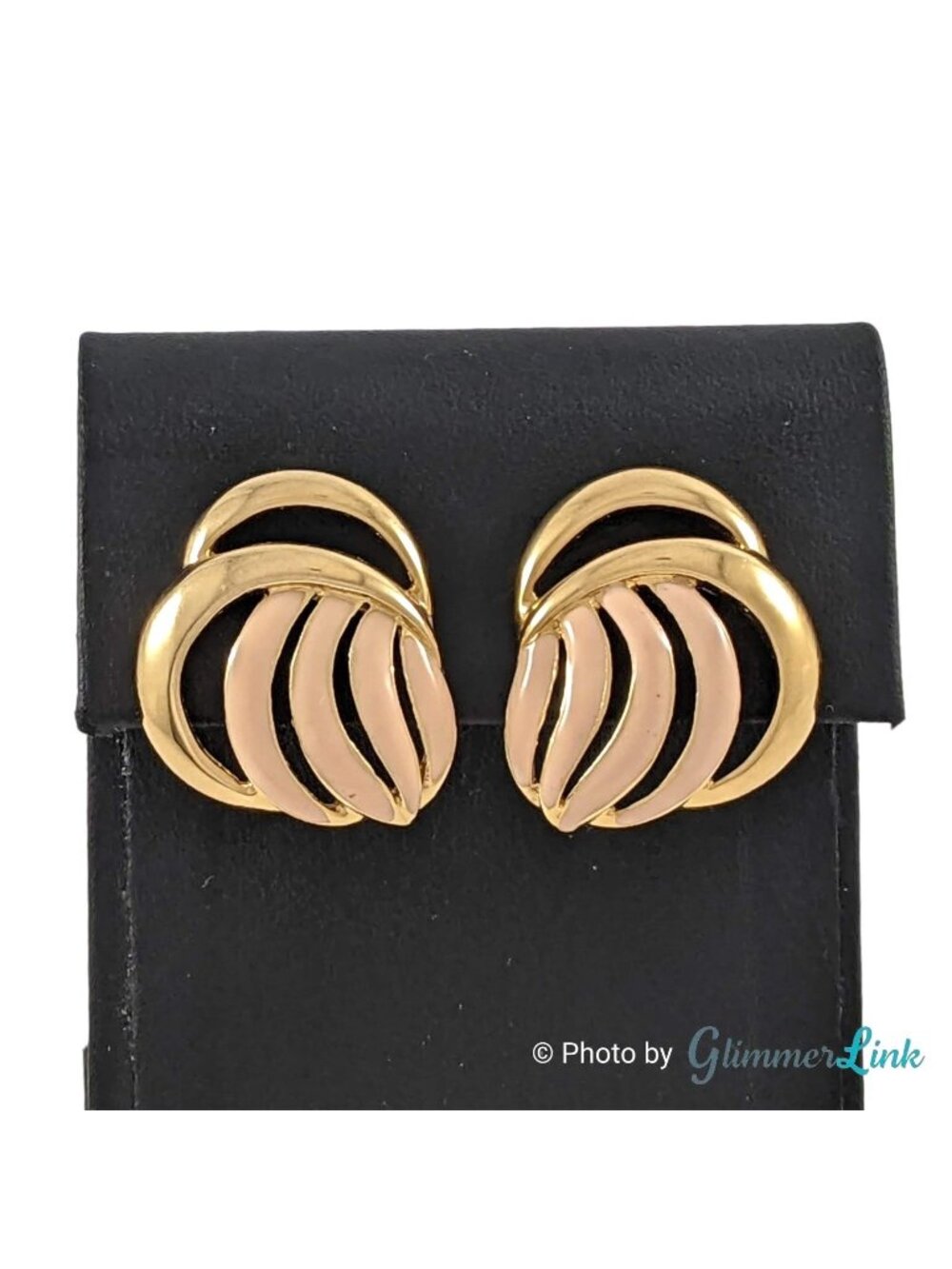 Vintage 1960s Crown Trifari Beige Enamel Openwork Gold Tone Earrings.